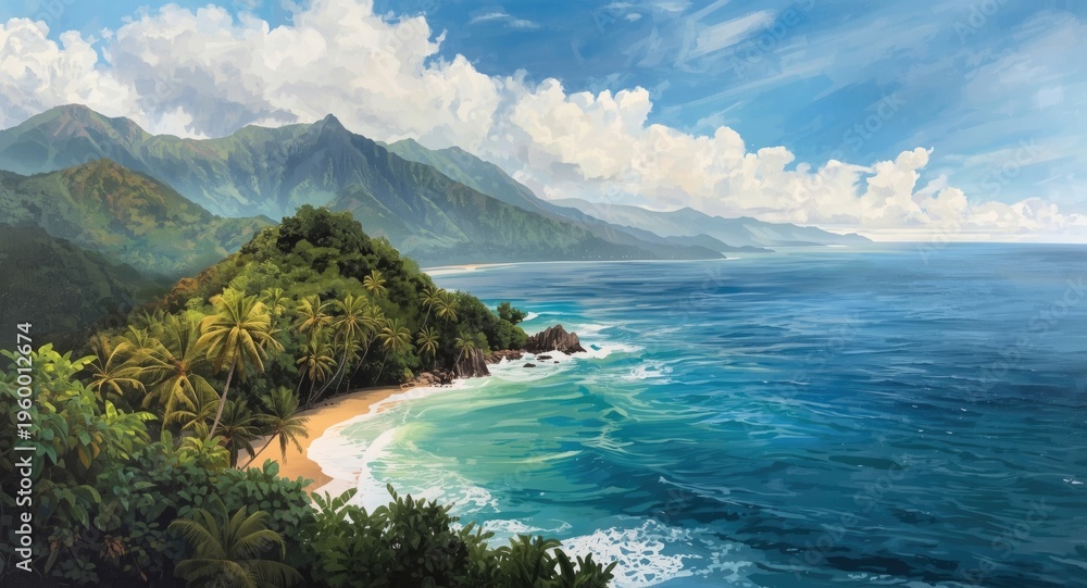 Fototapeta premium Painting illustrating a jungle coastline with lush hills in the background