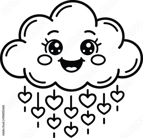 Cute smiling cloud with falling heart rain drops