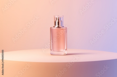 Pink perfume bottle placed on round pedestal in pastel studio