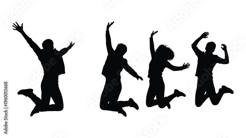 Four people jumping in the air with arms raised