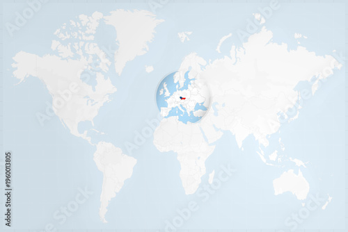 Czech Republic Map with Flag in Magnifying Glass on World Map Background