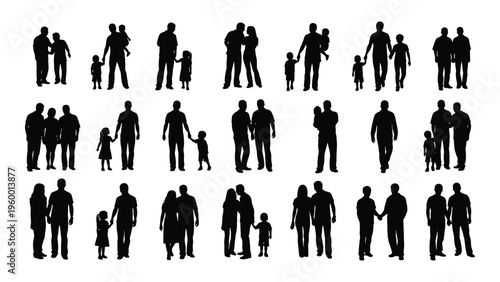 A collection of silhouettes of people in various poses and with different accessories