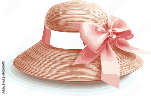 Pink straw hat with ribbon and bow summer fashion accessory