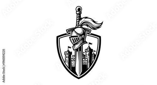 Medieval Knight Shield with Castle and Sword Emblem