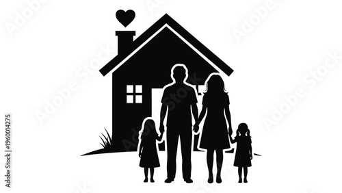 A family of four standing in front of their home