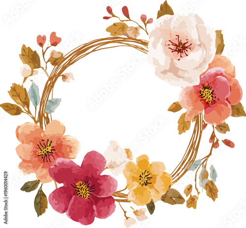 Floral frame with pink flowers and green leaves decorative border design