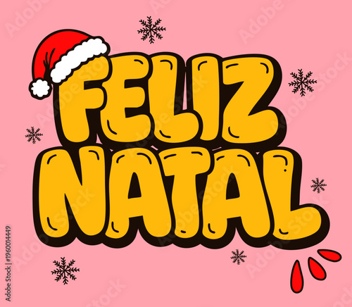 Lettering “Feliz Natal” Estilo Bubble com Gorro de Papai Noel – Tipografia Festiva em Vetor