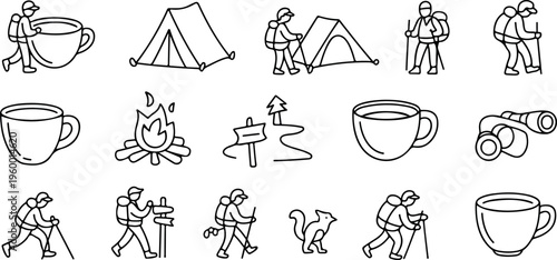 Camping and hiking icons set with tent campfire mug backpack and binoculars suitable for travel.