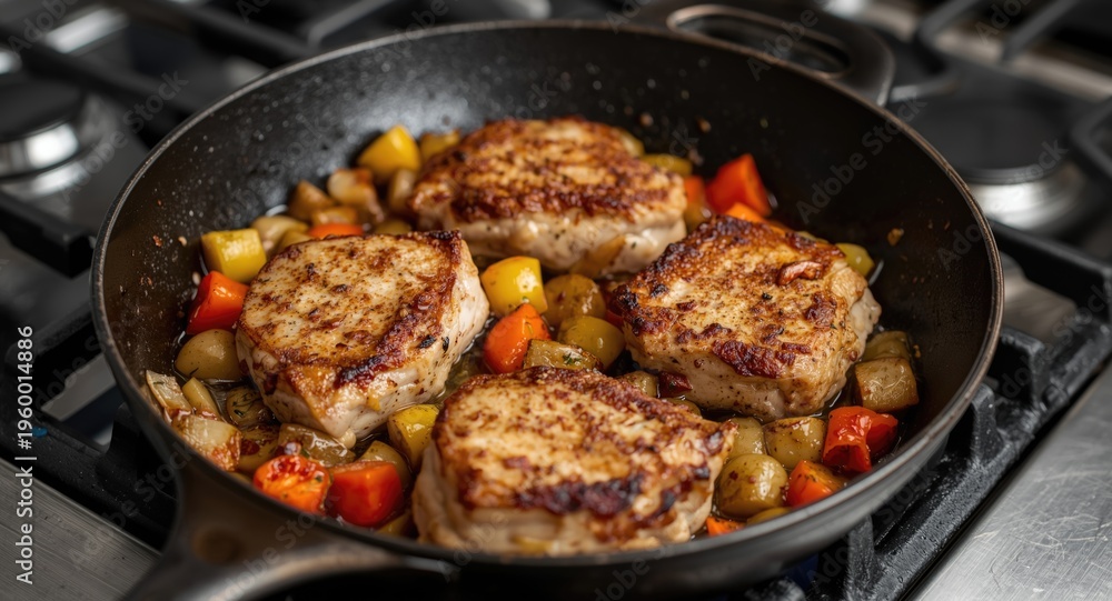 Fototapeta premium Skillet cooking of seasoned pork chops with vegetables on a gas burner