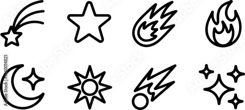 Celestial and fire icon set with shooting stars sun moon flame and meteor outline symbols for digital graphics.
