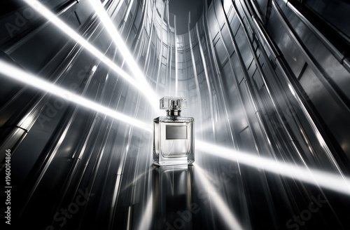 Perfume bottle centered in metallic corridor with light beams