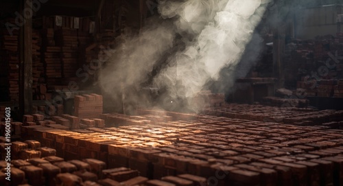 Red clay bricks in drying process at a brick kiln yard illuminated by sunlight with smoky air