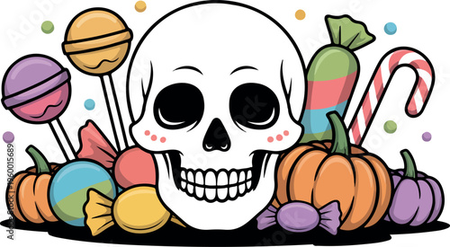 Halloween skull with a pile of colorful sweets pumpkins and lollipops for trick or treat celebration.