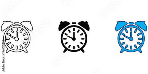 Three different colored alarm clock icons in line solid and filled styles  clock faces with bell on top