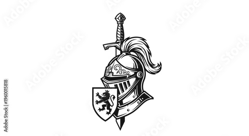 Medieval Knight Helmet with Sword and Shield, Vintage Engraving Style