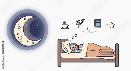 A vector graphic illustration of a person sleeping peacefully in bed with thoughts of coffee and phone in white background.