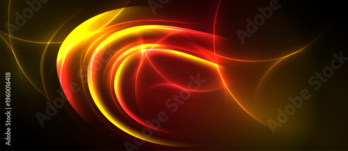 Bright abstract lines swirl, creating dynamic energy. Red, orange, yellow hues dominate dark background. Smooth gradients suggest movement.