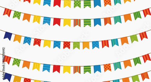 A colorful illustration of festive banners with multicolored flags on strings in white background.
