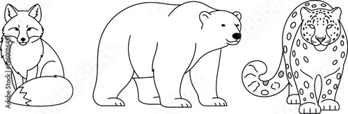 Simple black and white line art illustration featuring an arctic fox a polar bear and a snow leopard standing together