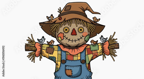 A colorful scarecrow illustration with birds on its hat and arms, wearing a patchwork shirt and overalls in white background.