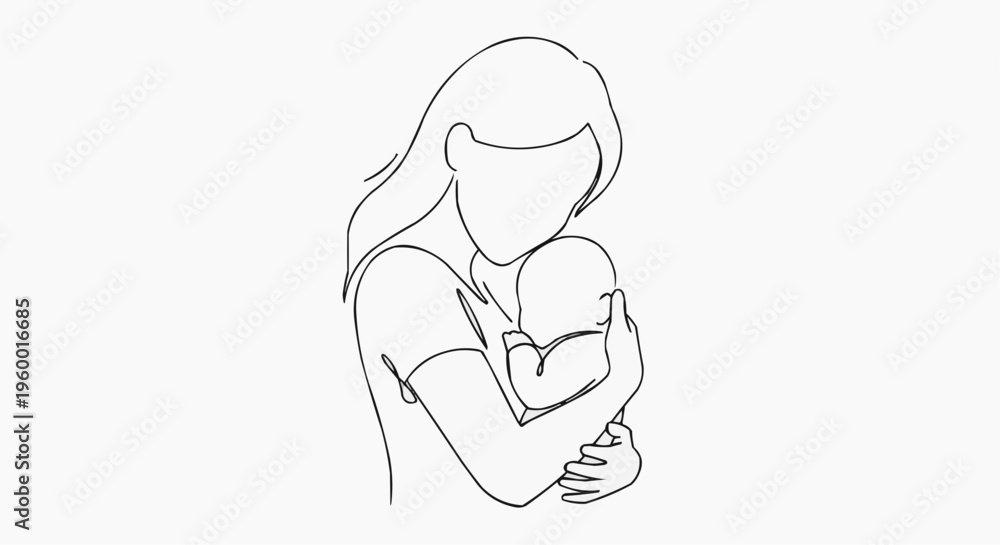 Obraz premium A minimalist line art illustration of a mother holding her baby in a tender embrace in white background.