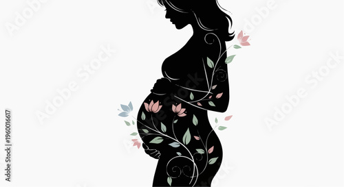 A minimalist vector illustration of a pregnant woman in a silhouette with floral design in white background.