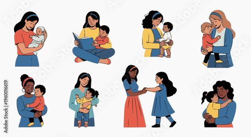 A collection of colorful vector illustrations depicting mothers and their children in various tender moments in white background.