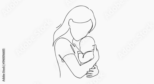 A minimalist line art illustration of a mother holding her baby in a tender embrace in white background.