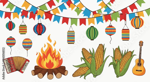A vibrant illustration of festive Latin American party elements including a campfire, musical instruments, and colorful decorations. in white background.
