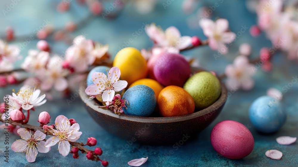 Fototapeta premium Easter eggs arranged in bowl with spring blossoms on blue surface