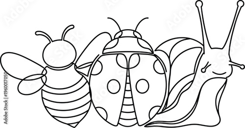 Simple outline drawing depicts a friendly grouping of a cartoon bee ladybug and happy garden snail side by side.