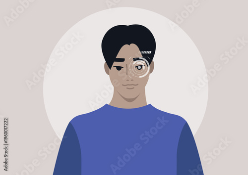 A creative depiction showcases the intricate eye retina recognition technology, It highlights the seamless blend of human features and digital advancement, emphasizing eye identification.