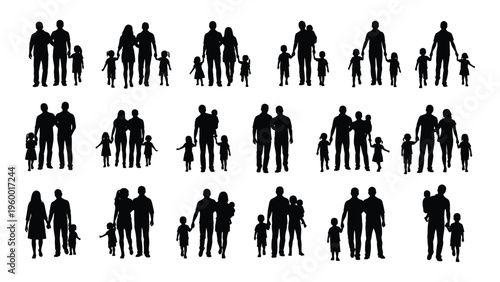 Black silhouettes of people in various poses and groups