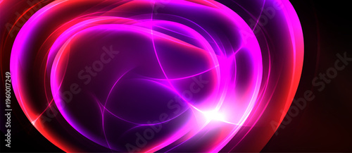 Bright abstract swirls, vibrant pinks, purples, reds dominate black background. Energy radiates from central glowing point.