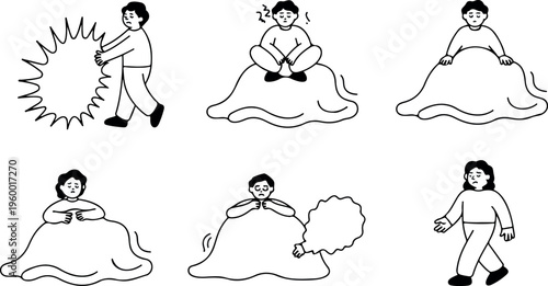 Person feeling sad and overwhelmed surrounded by cloud-like shapes expressing emotional distress anxiety.