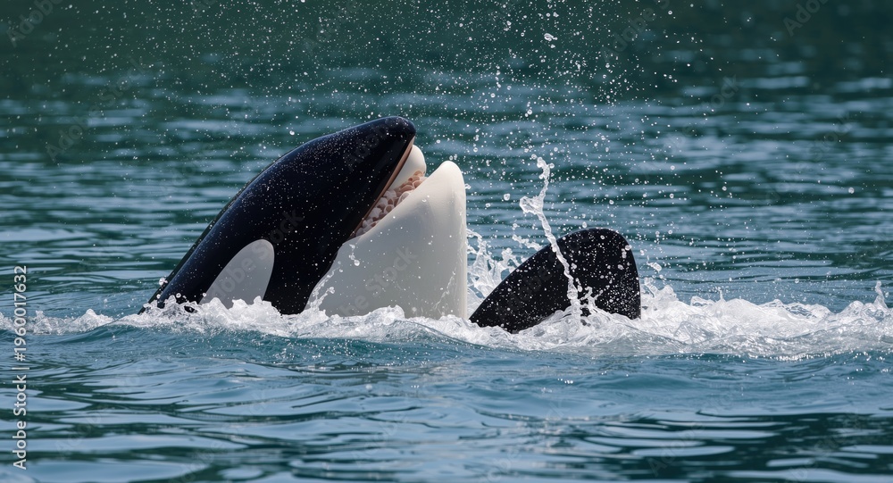 Fototapeta premium Orca showing playful behavior with splashing water on summer day