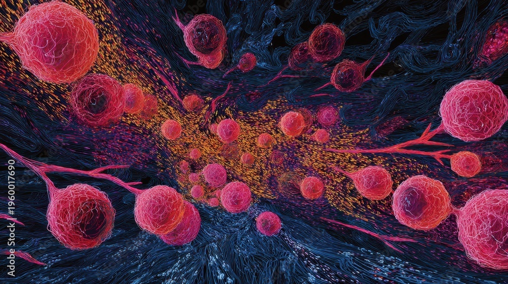 Fototapeta premium Red spherical cells moving through dark fibrous matrix