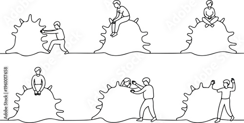 People interacting with abstract shapes representing challenges or obstacles in life facing difficulties.