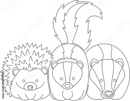 Cute outline drawing featuring a friendly hedgehog, a stylized skunk, and a simple badger facing forward together