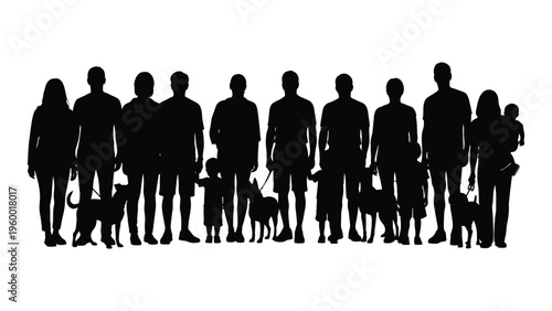 A group of people and their dogs standing together