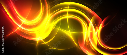 Bright abstract swirls, vibrant yellow, red hues. Dynamic energy radiates from central glow, dark background enhances luminosity.