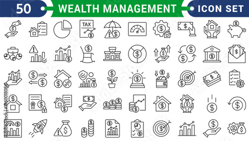 Wealth Management and Financial Planning solid icon set. Contains symbols for Investment Strategy, Retirement Plan, and Portfolio. Flat vector design for financial advisors and investment services.