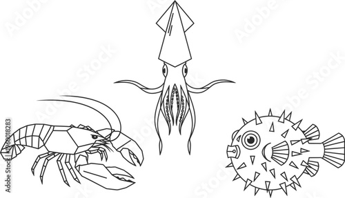Collection of simple black and white outline drawings featuring a stylized lobster, a curious squid, and a spiky pufferfish.