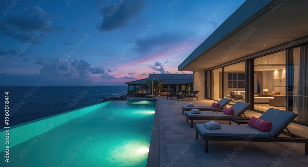Fototapeta premium Modern holiday home beach house with pool and sun loungers overlooking the ocean
