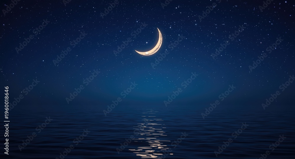 Fototapeta premium Mystical night sea background with glowing crescent moon and sparkling stars