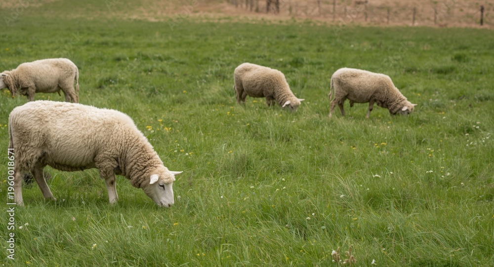 Fototapeta premium Relaxed sheep browsing grass in expansive farm area