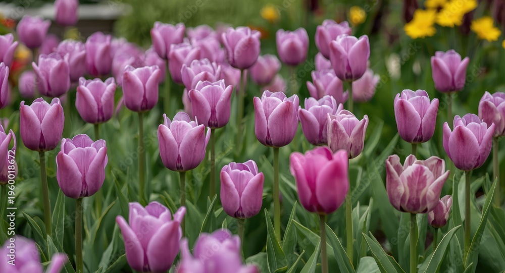 Fototapeta premium Lush garden filled with blooming lilac tulips symbolizing seasonal floral renewal