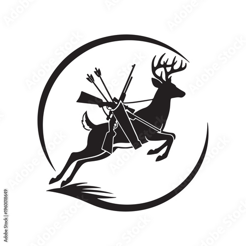 A black and white silhouette graphic featuring a leaping deer carrying a hunting rifle and arrows