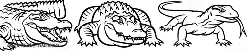 Bold black and white outline illustrations showcasing a formidable alligator head, a robust crocodile, and a dynamic Komodo dragon, ideal for various creative and educational projects.