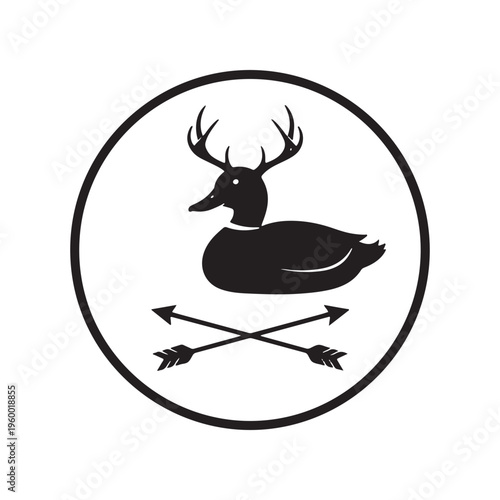 A minimalist black and white circular emblem featuring a hybrid duck deer creature with arrows